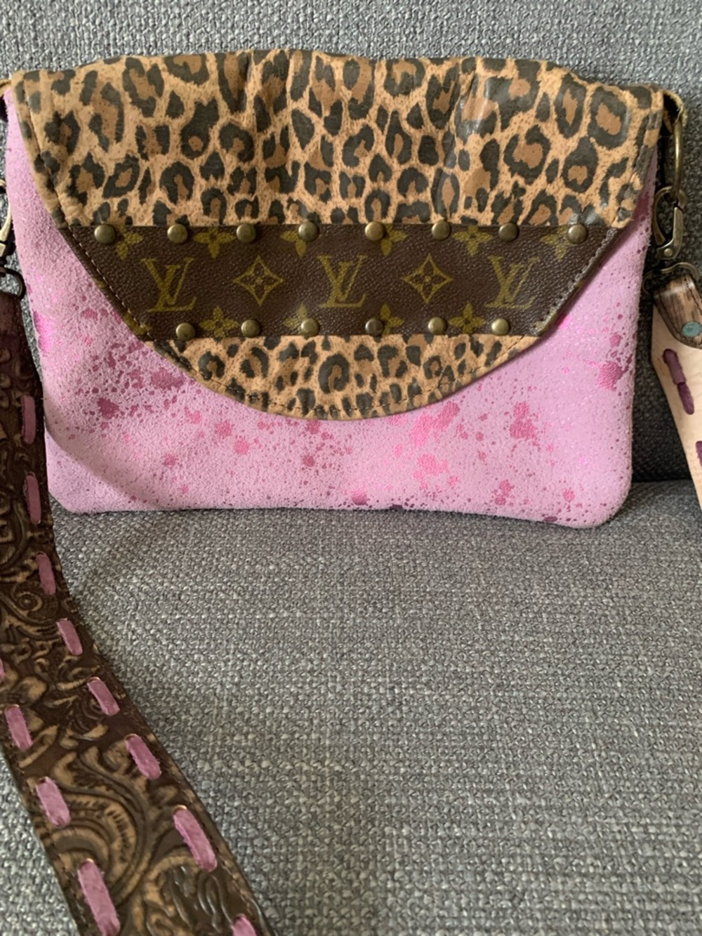 Designer-Inspired Pink Leopard Flap Crossbody Bag with Monogram Accent